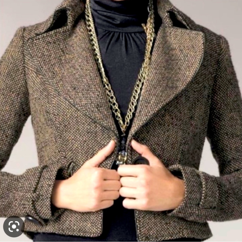 Cabi Brown Wool Tweed Cropped One Button Moto Jacket Size 14